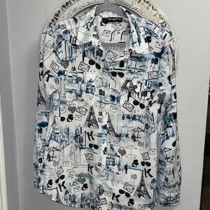 Karl Lagerfeld White Shirt with Blue & Black Parisian Print
